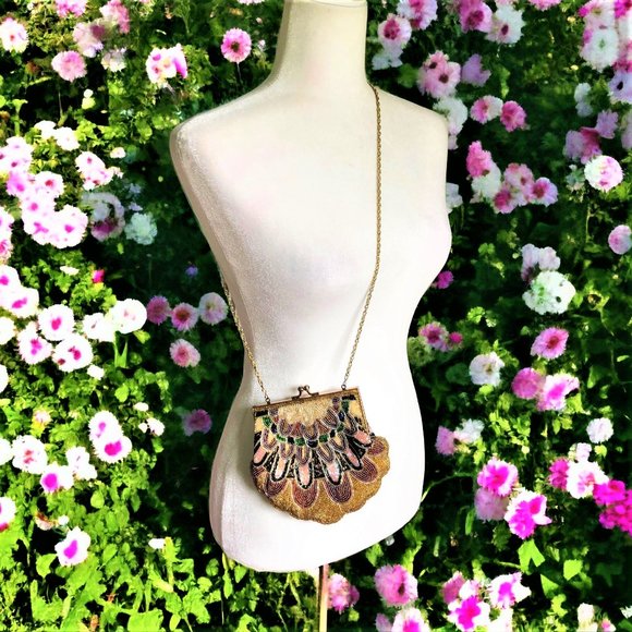 Vintage Dazzling Peacock-like Design Vibrant Beaded Evening Bag Excellent Cond - Picture 1 of 5